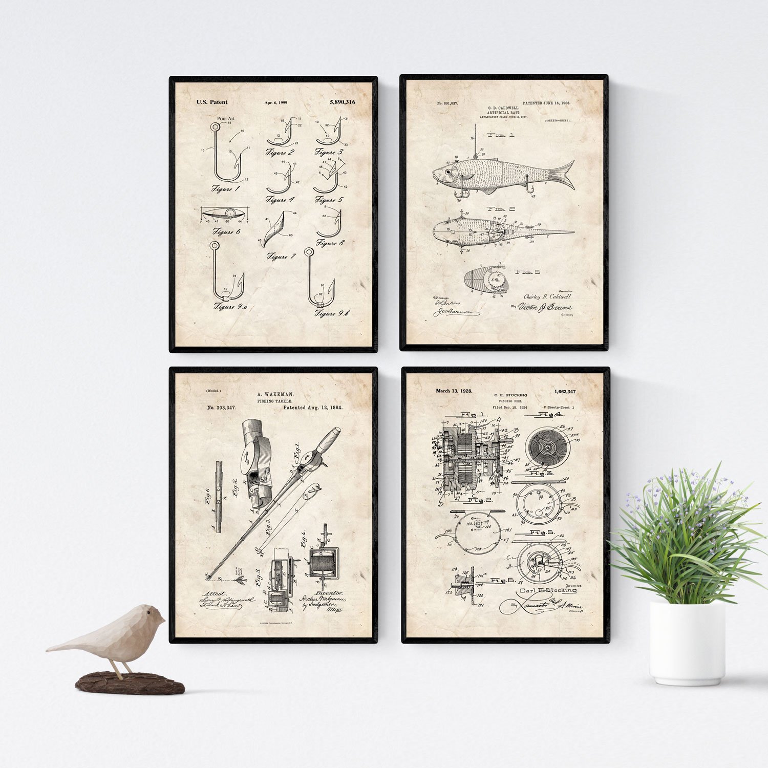 Nacnic set of 4 fishing vintage patent sheets | old invention of fish hooks and fishing tools in brown beige background | a4 size | decoration for room, walls, office, business...