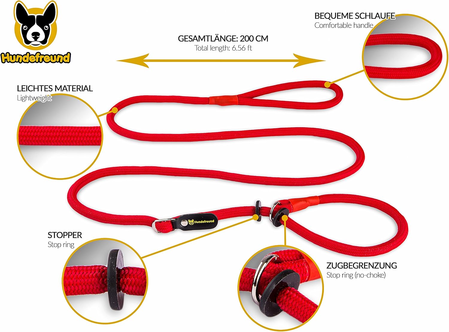 Hundefreund Slip Lead 200 cm (6.5 ft) | Red Moxon Retriever leash | Lightweight Lead and Collar in one | Ideal for Agility - Image 3