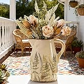 Vintage Ceramic Pitcher Vase with Handle, Farmhouse Green and Purple Large Floral Vases, French Country Decorative Vase, Rustic Table Centerpiece for Home Decor, Bookshelf, Office 7.3 Inch