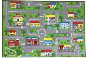 HUAHOO City Street Map Kids' Rug with Roads Kids Rug Play mat with School Hospital Station Bank Hotel Book Store Government Workshop Farm for Boy Girl Nursery Bedroom Playroom Classroom (39" X 51")