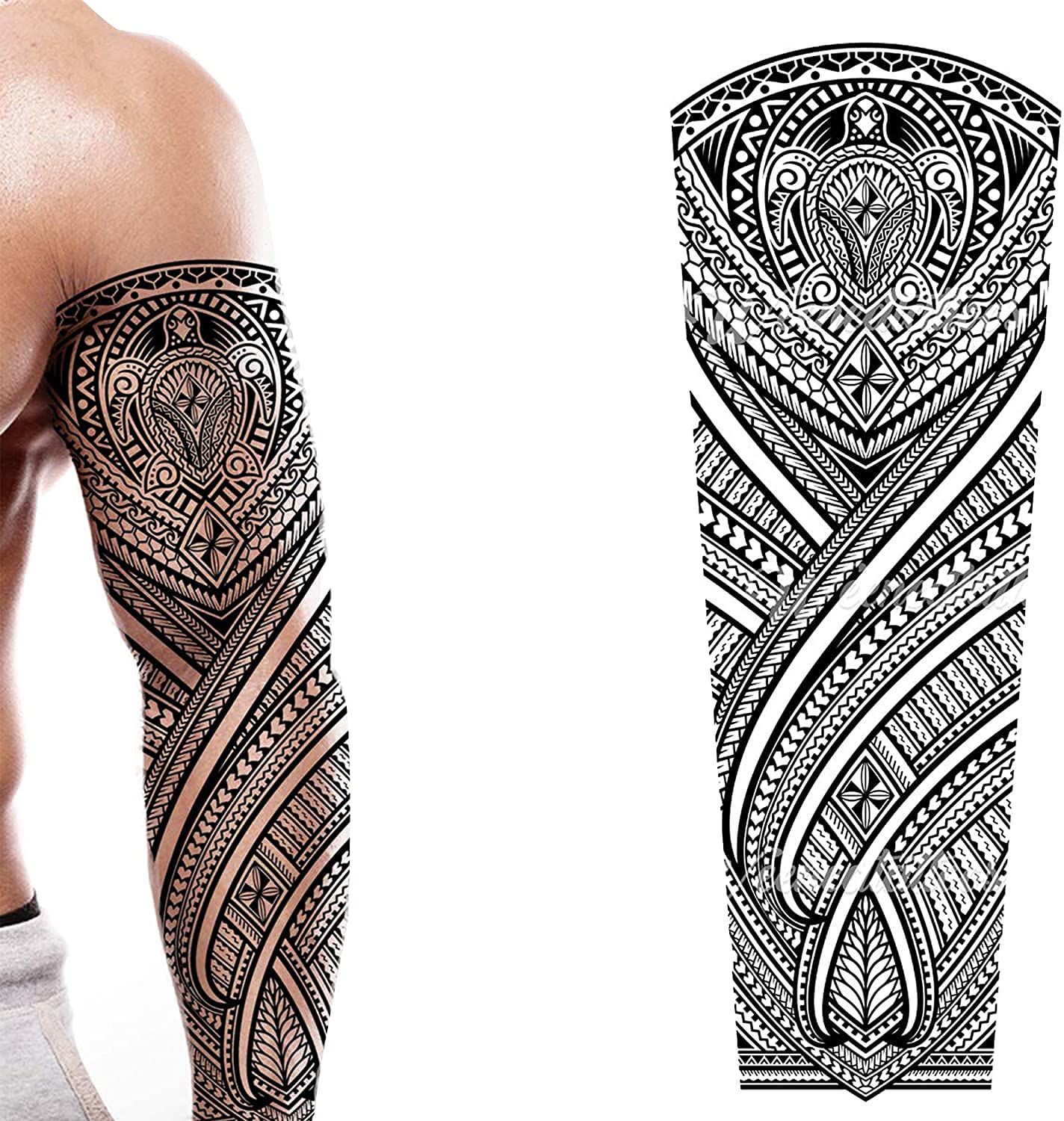 Tatodays temporary tattoo full arm tribal hawaiian turtle polynesian aztec stick on body art transfer cosplay halloween adult temp tattoo for arms aztec fancy dress party cosplay for women and men — image 1
