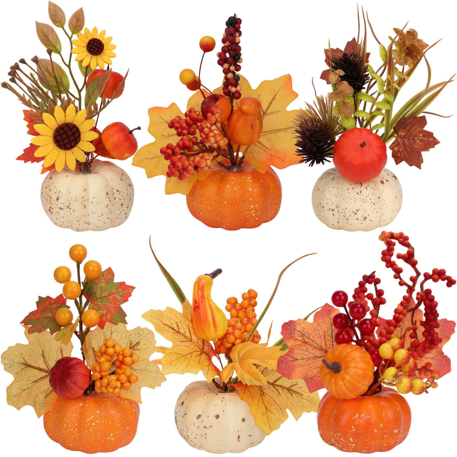 Photo 1 of ***(MISSING 1)***Zealor 6 PCS Assorted Artificial Pumpkin Fall Decoration for Home Foam Pumpkin with Maple Berries Sunflower Pine Cones Flower Ornament Thanksgiving Autumn Table Centerpiece for Shelves Porch Mantel