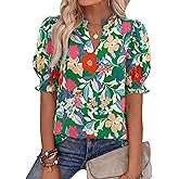 BTFBM Summer Blouses for Women Dressy Casual 2026 Fashion Spring Tops Floral Boho V Neck Puff Short Sleeve Top Shirts