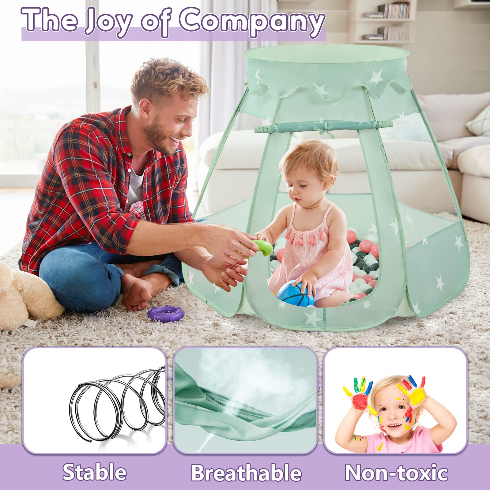 Wilhunter Baby Ball Pit Tent with 50 Balls - For Toddlers, Pink/White/Gray Princess Playhouse with Carry Bag, 109x90cm