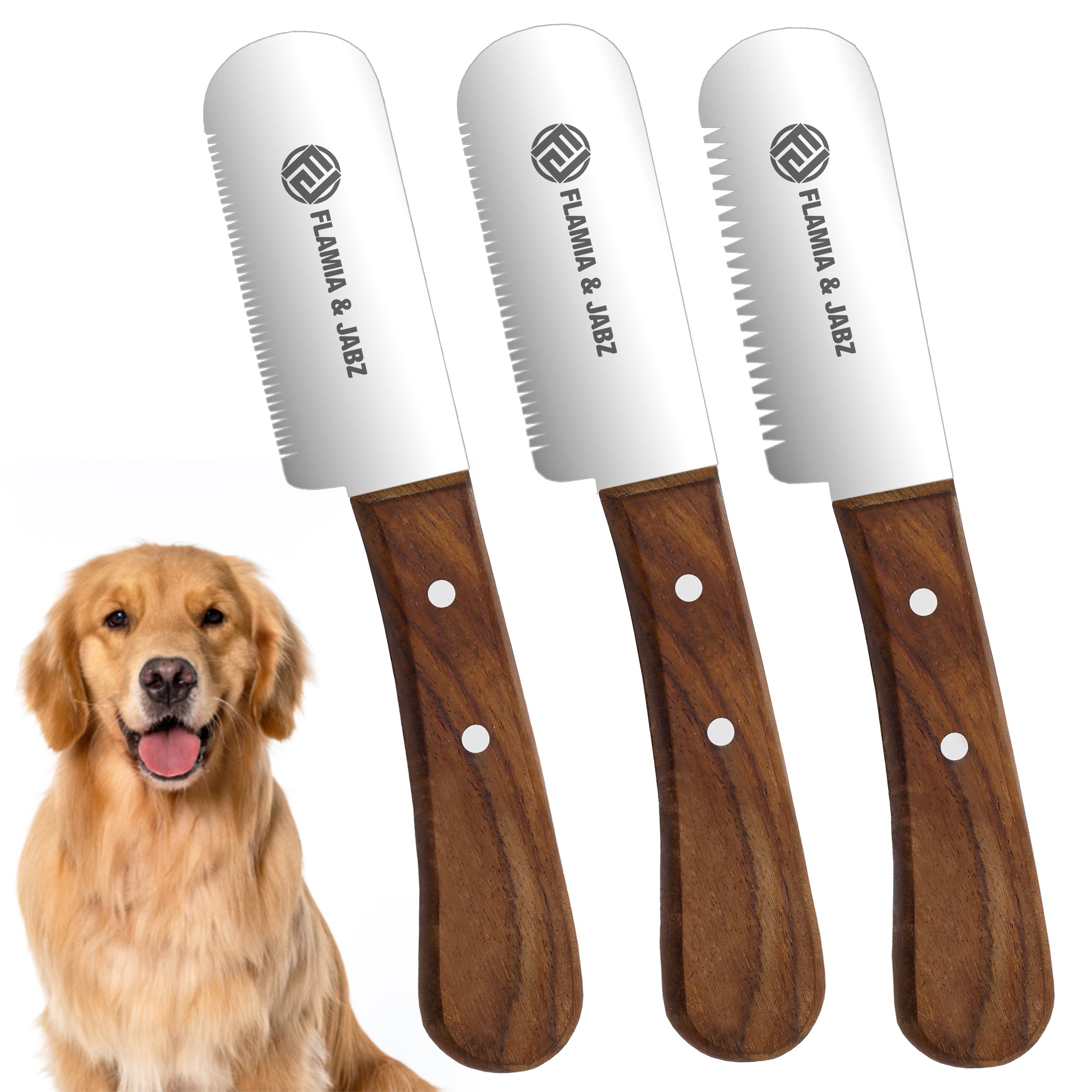 FLAMIA & JABZ Professional Dog Grooming Hand Stripping Knife, Stripper Trimmer Tool, Red Meranti Wooded Handle Non Slip Grip with Tripping Stainless Steel Blade (3 Piece Pack, Right Handed)
