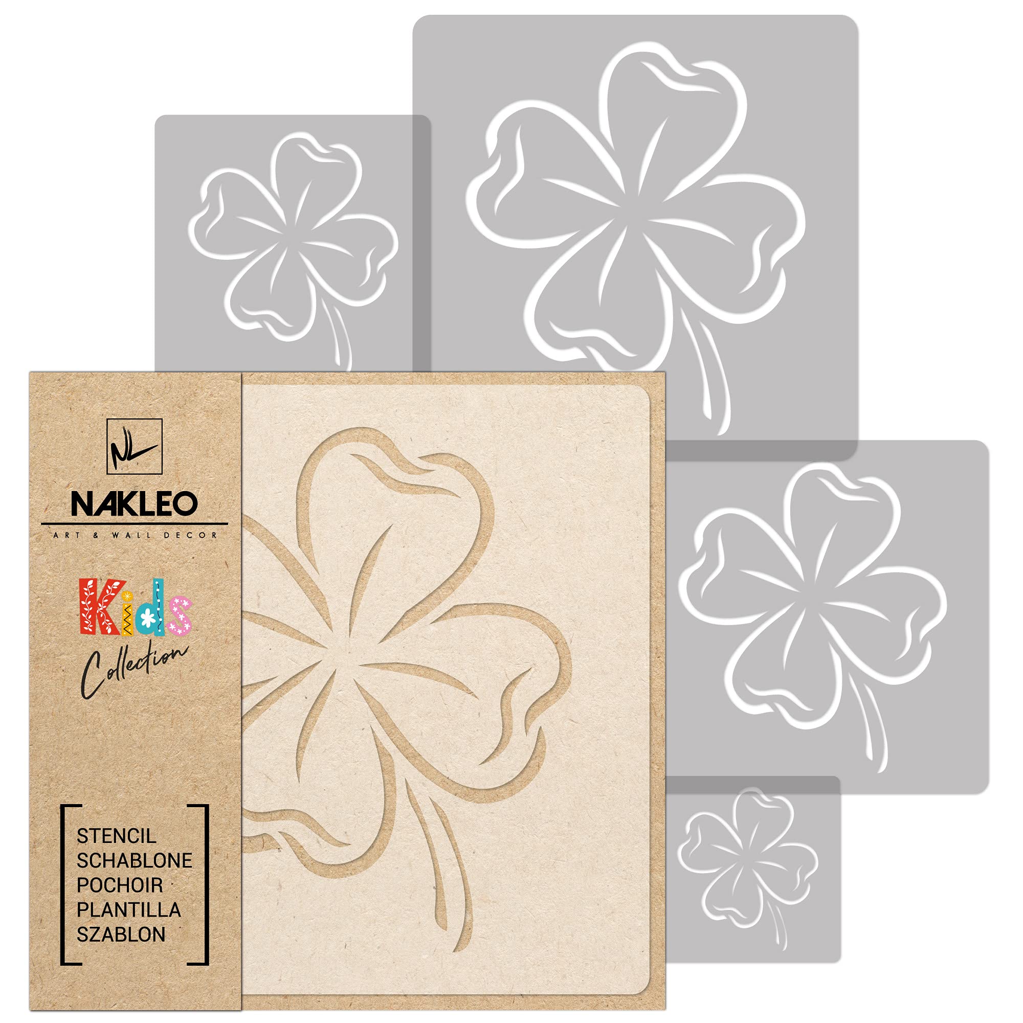 NAKLEO Painting Stencils Set for Nursery Room, 5 Pcs Templates 9x9 to 34x34cm Four-Leaf Clover Flower, Plastic and Reusable Drawing Stencils, Decor, Craft DIY Wall Furniture