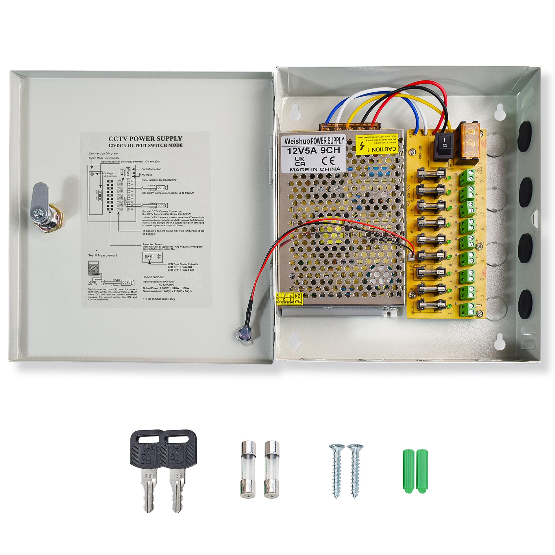 Weishuo 12V 5A Power Supply Box 9 Output 60W for CCTV DVR Monitoring Equipment Accessories Security System and Camera