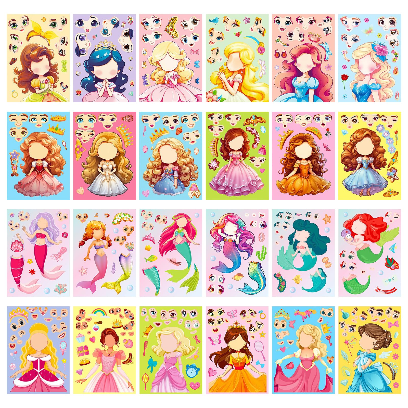 Make a Face Stickers, 24 Sheets Princess Face Stickers for Kids, DIY Creative Make Your Own Sticker Kit, Fun Arts and Crafts for Birthday Parties, Classroom Activities for Girls & Boys