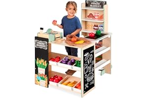 Best Choice Products Pretend Play Grocery Store Wooden Supermarket Toy Set for Kids w/Play Food, Chalkboard, Cash Register, Working Conveyor - Natural