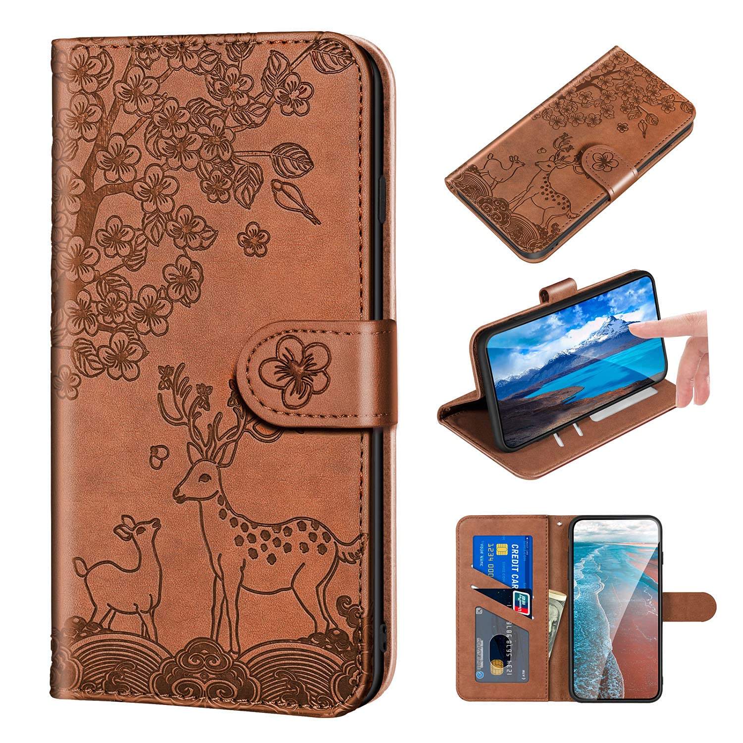 Norn iPhone 7/8/SE 2020/SE 2022 Phone case,Cute Embossed Sika Deer Pattern,Folding Stand PU Folio Leather Wallet Case,Shokproof Protective Flip Case with Card Slots,Magnetic Closure,Brown