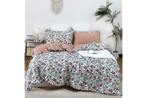 Helthep Floral Duvet Cover Queen, 100% Cotton Green Leaves Pattern Duvet Cover, 3Pcs Reversible Terracotta Bedding Shabby Botanical Floral Printed Comforter Cover, Luxury Farmhouse Bedding for Summer