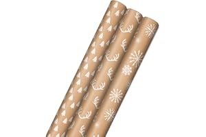 Hallmark Christmas Wrapping Paper Rolls - Minimalist Brown Kraft Trees, Antlers, Snowflakes Gift Wrap Paper (3 Rolls: 90 sq. ft. ttl.) for Holiday Parties, Hanukkah, Winter Weddings