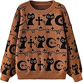 WDIRARA Women's Goth Cartoon Pattern Sweater Long Sleeve Crewneck Knit Pullover Top