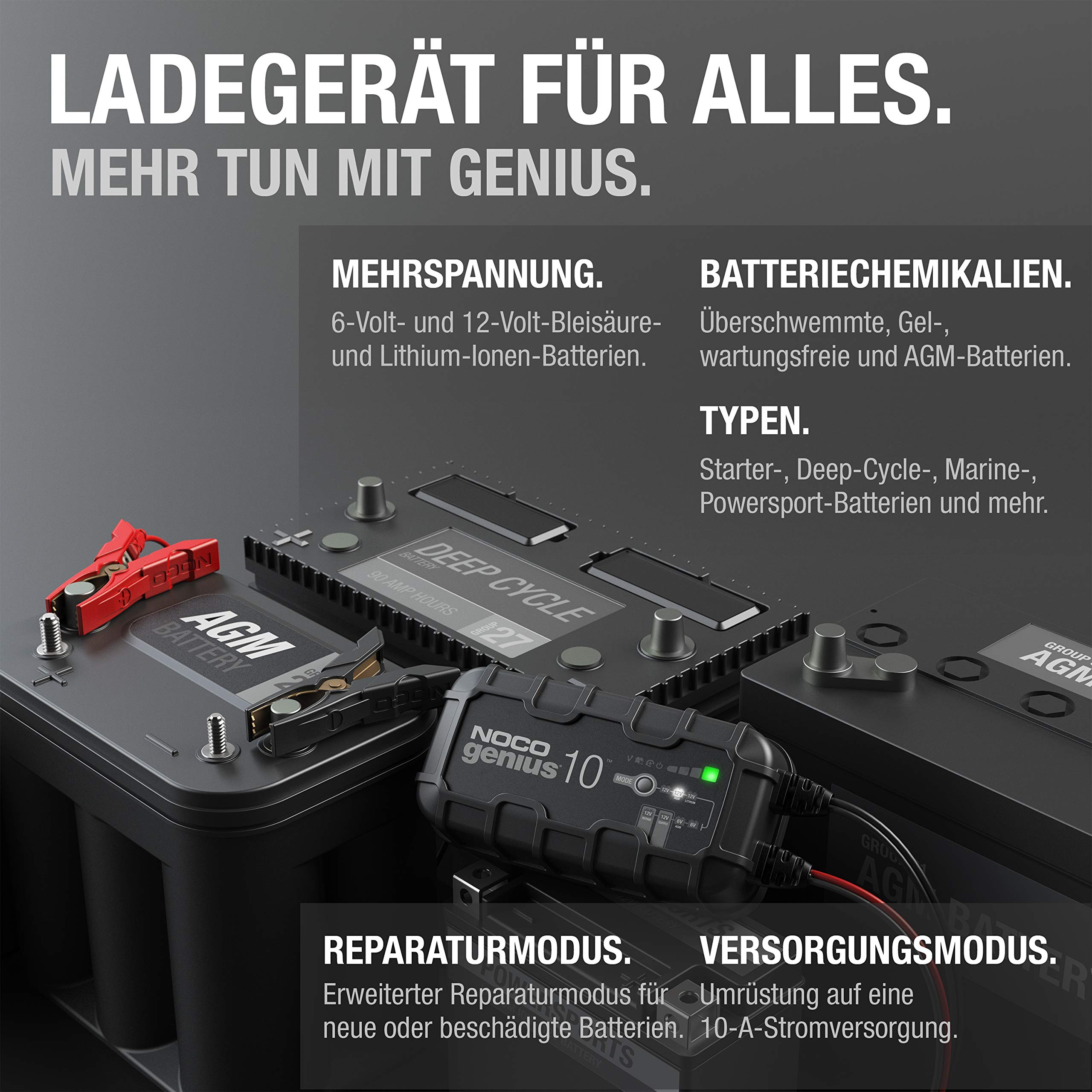 NOCO GENIUS10: 10A Batterieladegerät für Auto & Motorrad — 6V/12V Erhaltungsladegerät & Entsulfator — Für AGM, Lithium (LiFePO4) & Start-Stopp-Batterien 5