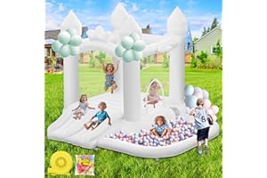 White Bounce House, FINCOME Inflatable Bounce Castle with Double Slide Ball Pit 370W Blower Bouncer for Toddler, Bounce House