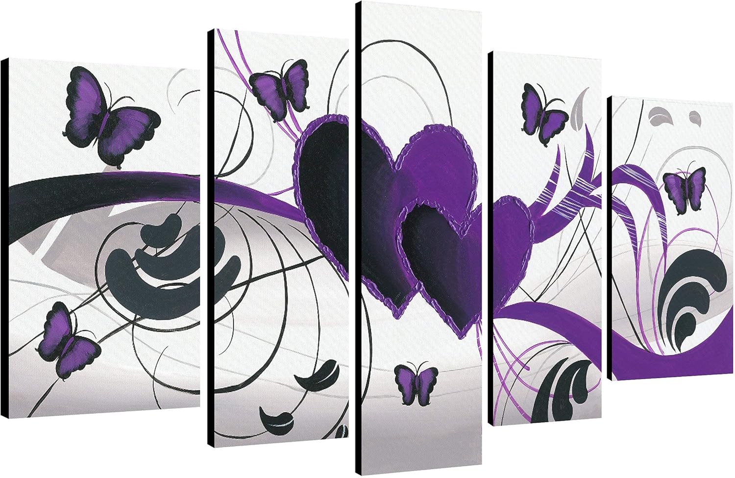 Paintings - Wieco Art Purple Love Butterfly 5 Panels Modern 100% Hand Painted Stretched and Framed Abstract Romance Artwork Oil Paintings on Canvas Wall Art Ready to Hang for Home Decor 5pcs/set