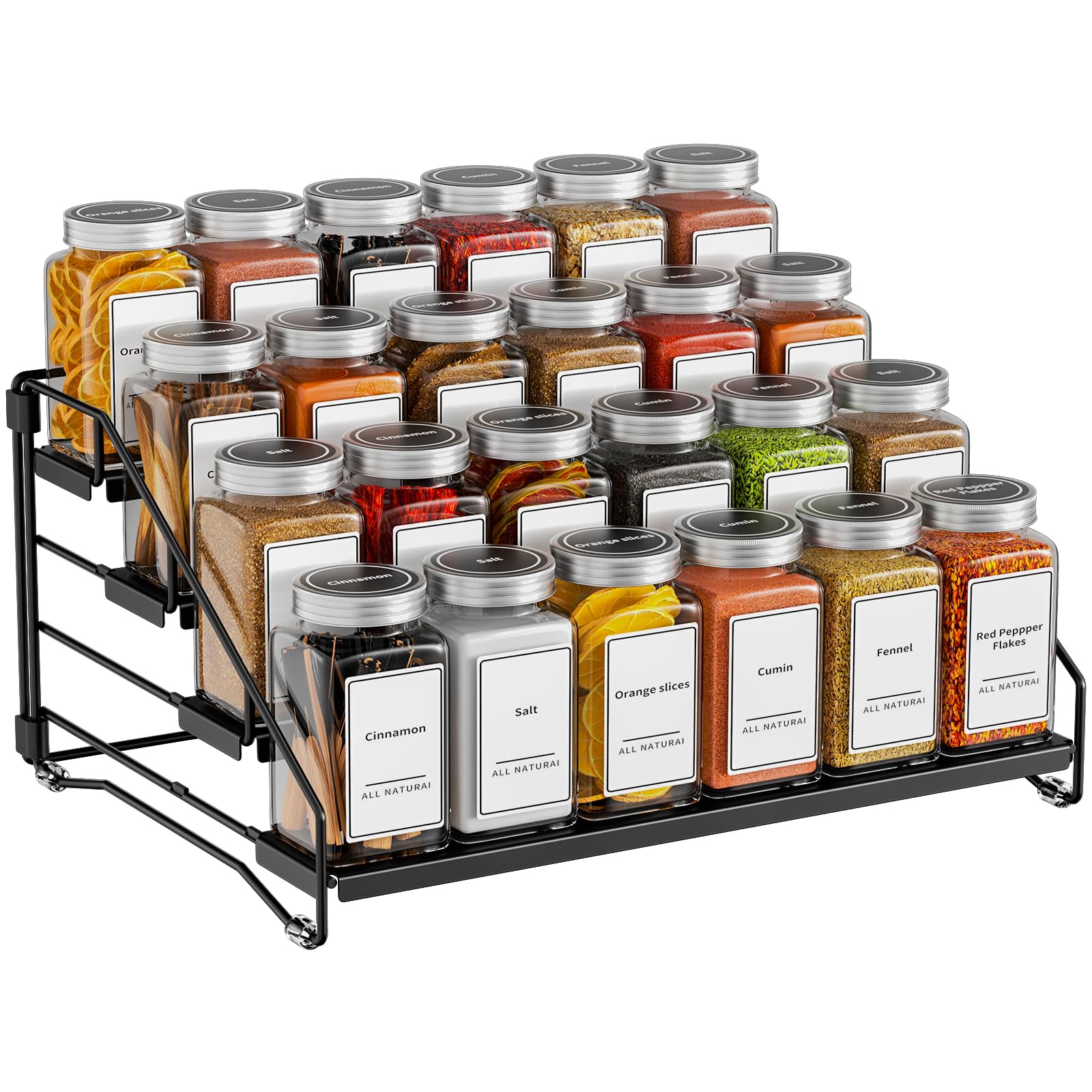 4 Tier Spice Rack for Cabinet, Spice Rack Organizer, Depth Adjustable Spice Holder for Countertop, Cupboard, Pantry, Seasoning Shelf, Metal, Black (1 Pack)