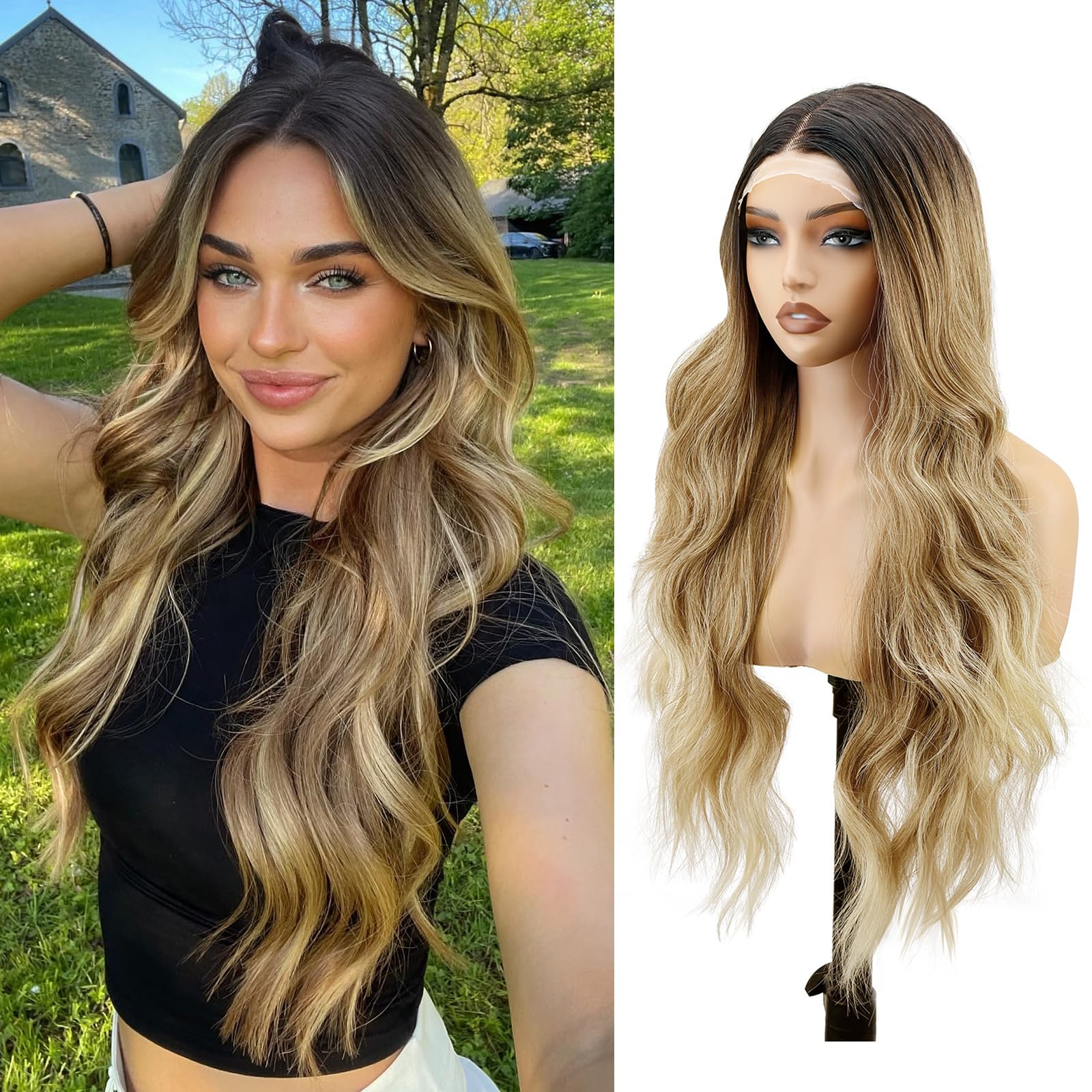 Photo 1 of SISICLOUD Ombre Blond T Part Lace Front Wigs for Women 26 Inch Long Wave Synthetic Glueless Wigs Pre Plucked Wig for Daily Party Use