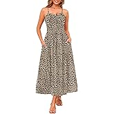 Annebouti Women 2026 Summer Spring Ruched Maxi Dress Adjustable Spaghetti Strap Floral Beach Long Sundress with Pockets