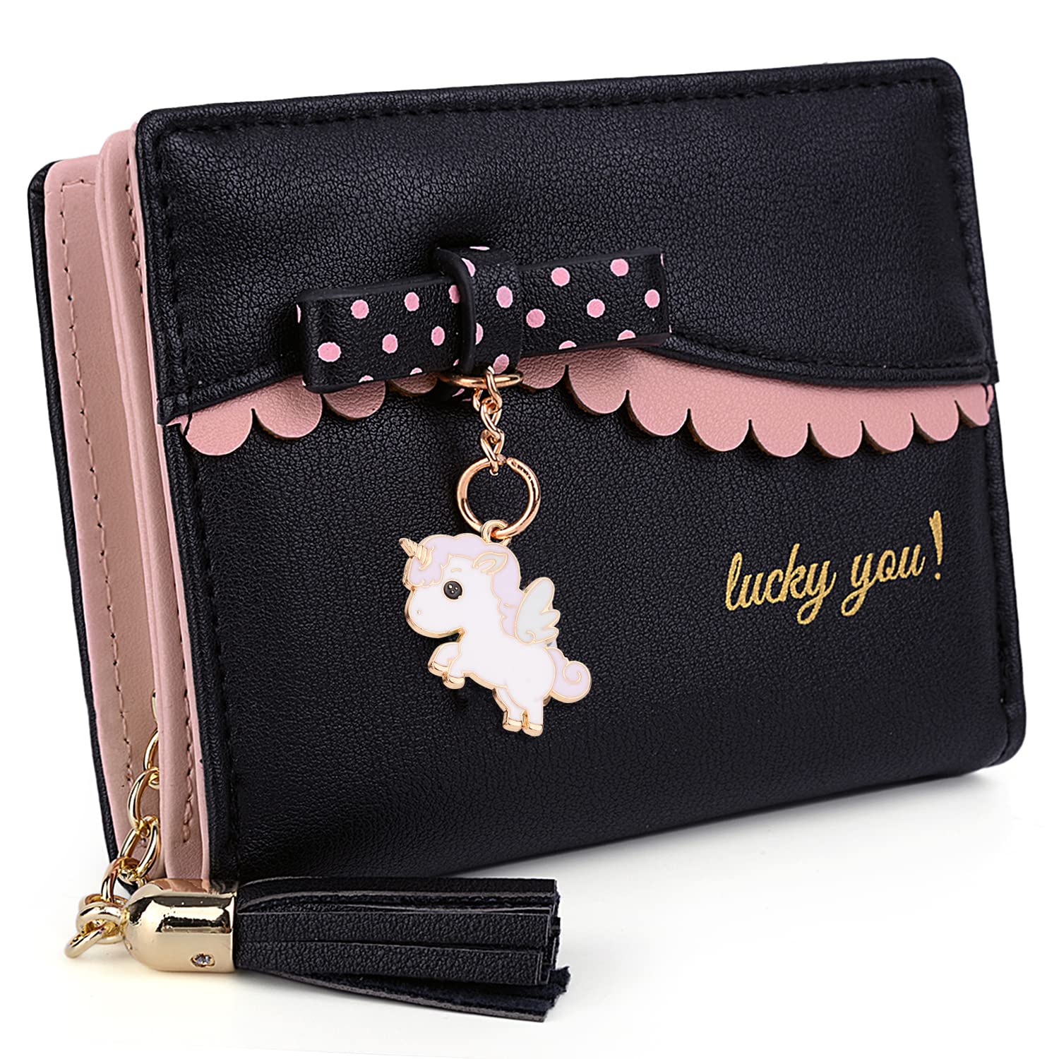 Cute Unicorn Wallet for Women Ladies Card Purse Tassel Zipper Coin Pocket Synthetic Leather by UTO Black