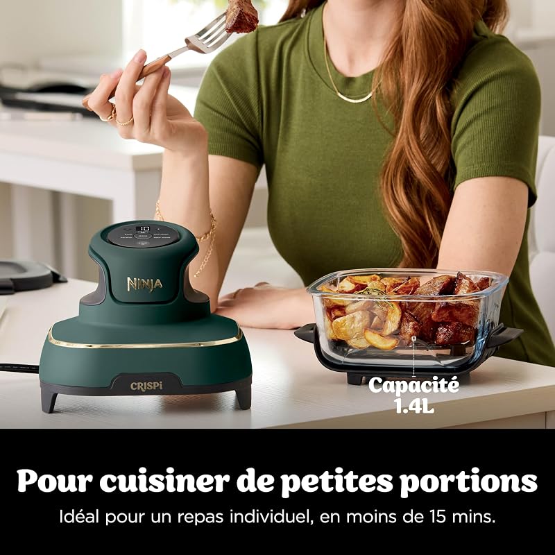 CRISPi Air Fryer Design Compact, 3,8L + 2,3L + 1,4L, 4-en-1: cuisson à l'air chaud, rôtisserie, maintien au chaud, croustillant, 3 récipients en verre amovibles avec couvercles, Vert, FN103EUGN — photo 7 sur 8