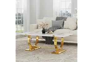 SmaLLhome 48in White and Gold Coffee Table for Living Room, Modern Elegant Coffee Table, Rectangular Luxury Center Table with