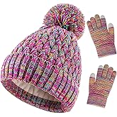 Kids Winter Hat and Gloves Set, Girl Warm Knit Beanie with Pom Fleece Lined for Toddler Boys Girls 1-6 Years