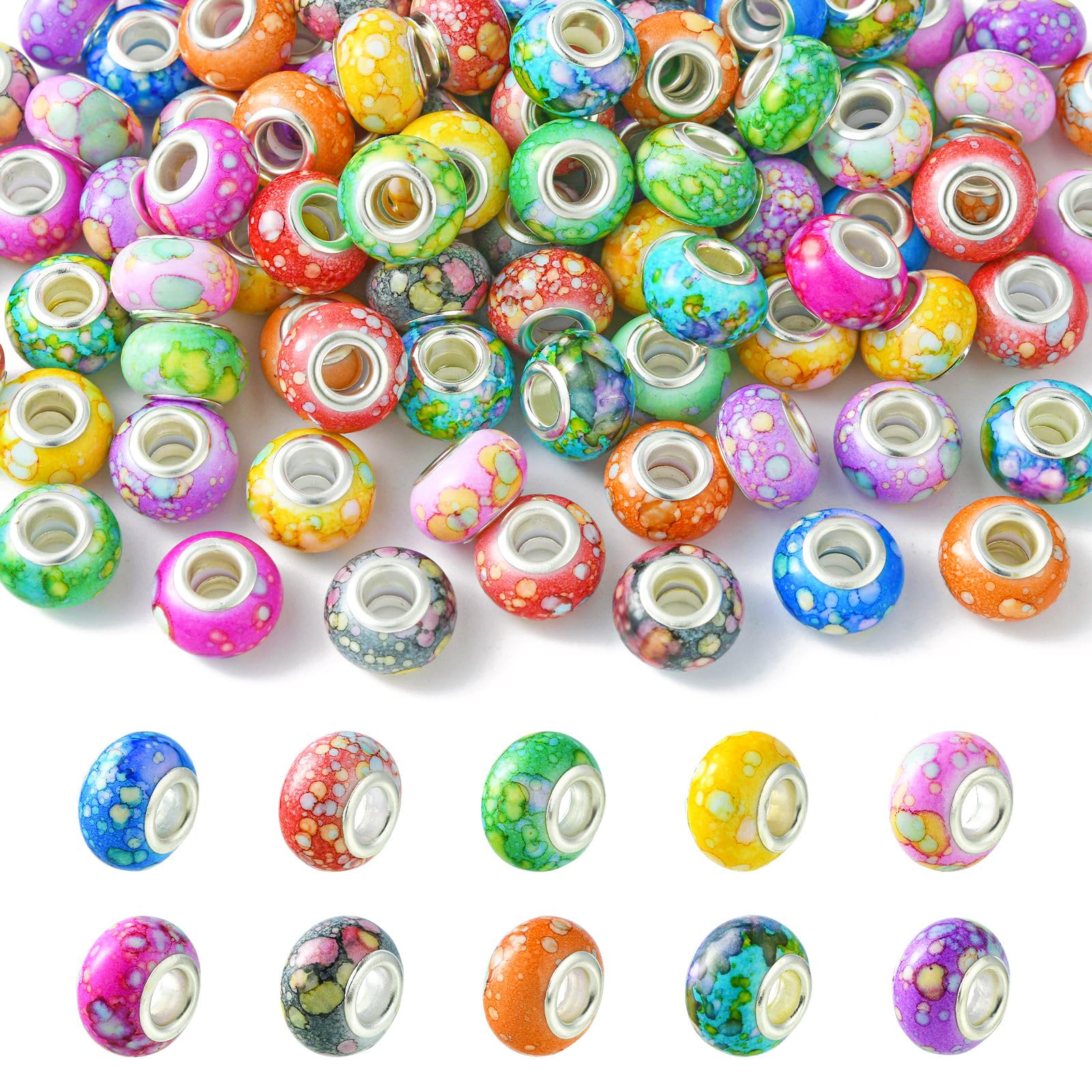 Stiesy 100Pcs 10 Colors Macrame Large Hole Beads Resin European Spacer Beads Two-Tone Flat Round Rondelle Beads for DIY Craft Bracelet Jewelry Making