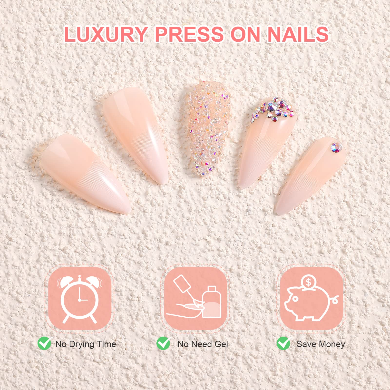 morily 24Pcs Ombre Press on False Nails with Design Glossy Pink Stiletto Fake Nails Kit Medium Length Long Luxury Crystal Acrylic Stick on Nails Tips Artificial Finger Manicure for Women - Image 3