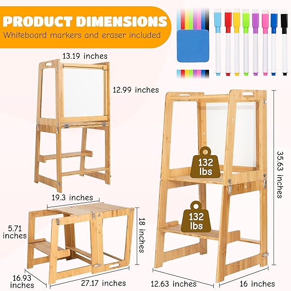 TODDLER TOWER – TODDLER STOOL FOR KITCHEN – 3-IN-1 TODDLER KITCHEN STEP STOOL – FOLDABLE TODDLER TOWER FEATURES: TABLETOP, STEP STOOL LADDER, AND WHITEBOARD WITH INCLUDED MARKERS AND DRY ERASER