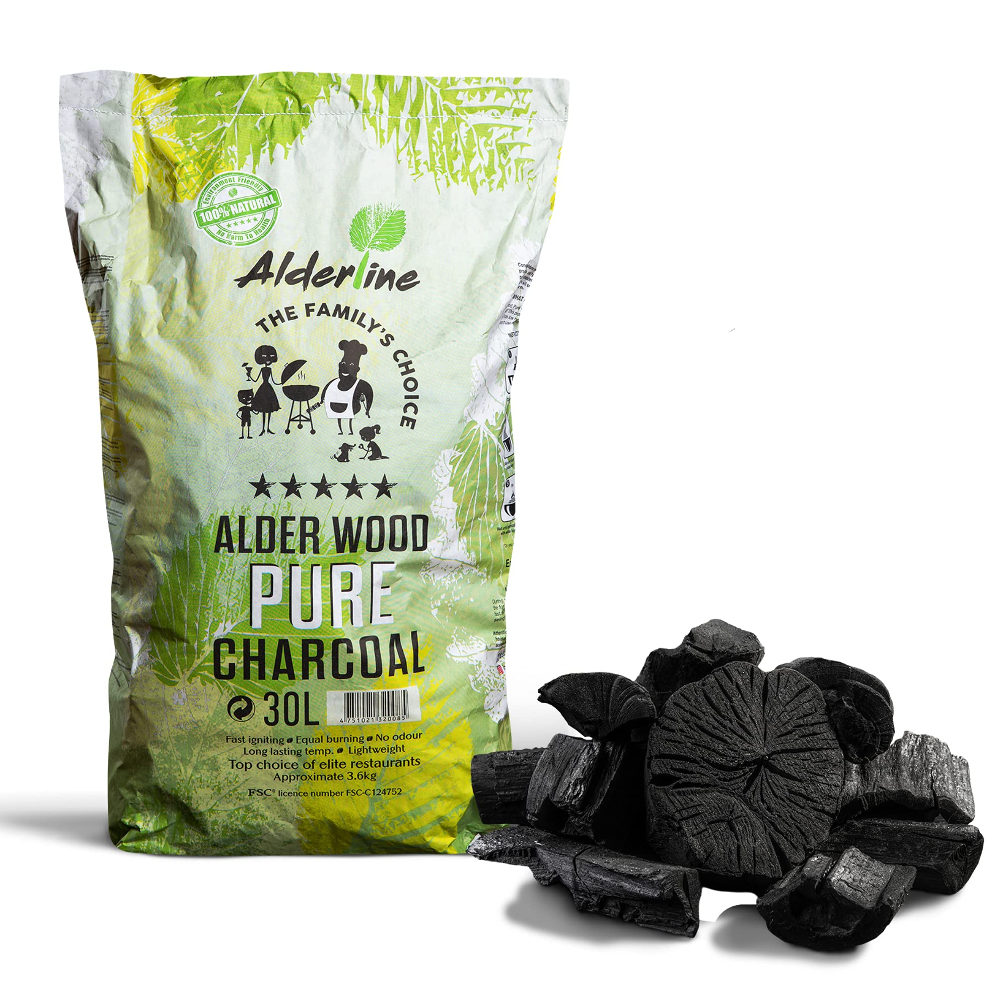 Alderline Lumpwood Charcoal BBQ - Smokeless & Flavor-Enhancing, Quick-Light, Sustainable, Grills & Cooking Styles - 5-20cm Pieces 30L Bag - Restaurant Grade Charcoal