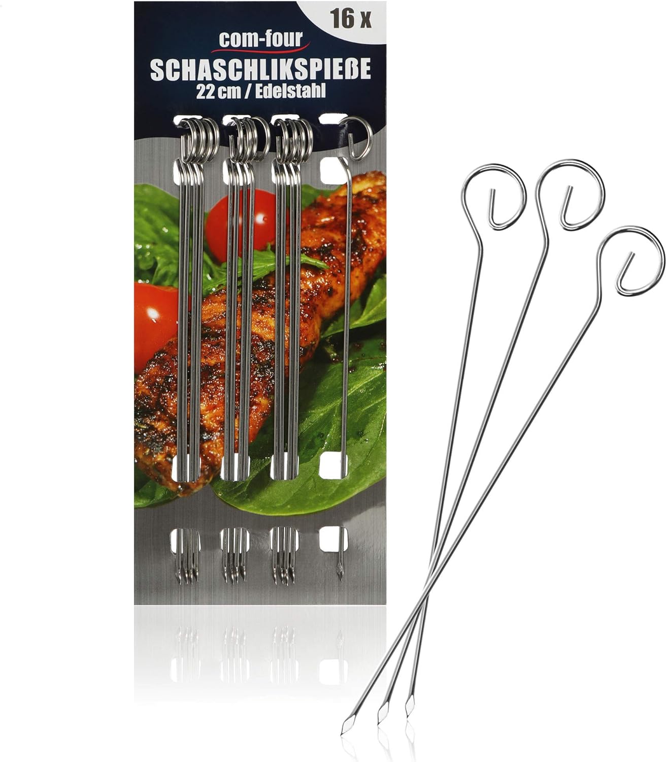 com-four® 16x Schaschlikspieße aus Edelstahl - 22 cm Lange Fleischspieße - Premium Gemüsespieße im Set (22cm - 16 Stück)