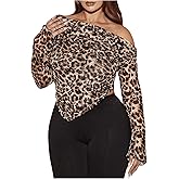 BEAUDRM Women's Plus Size Leopard Print Off Shoulder Crop Tee Shirts Bell Long Sleeve Asymmetrical Tee Tops
