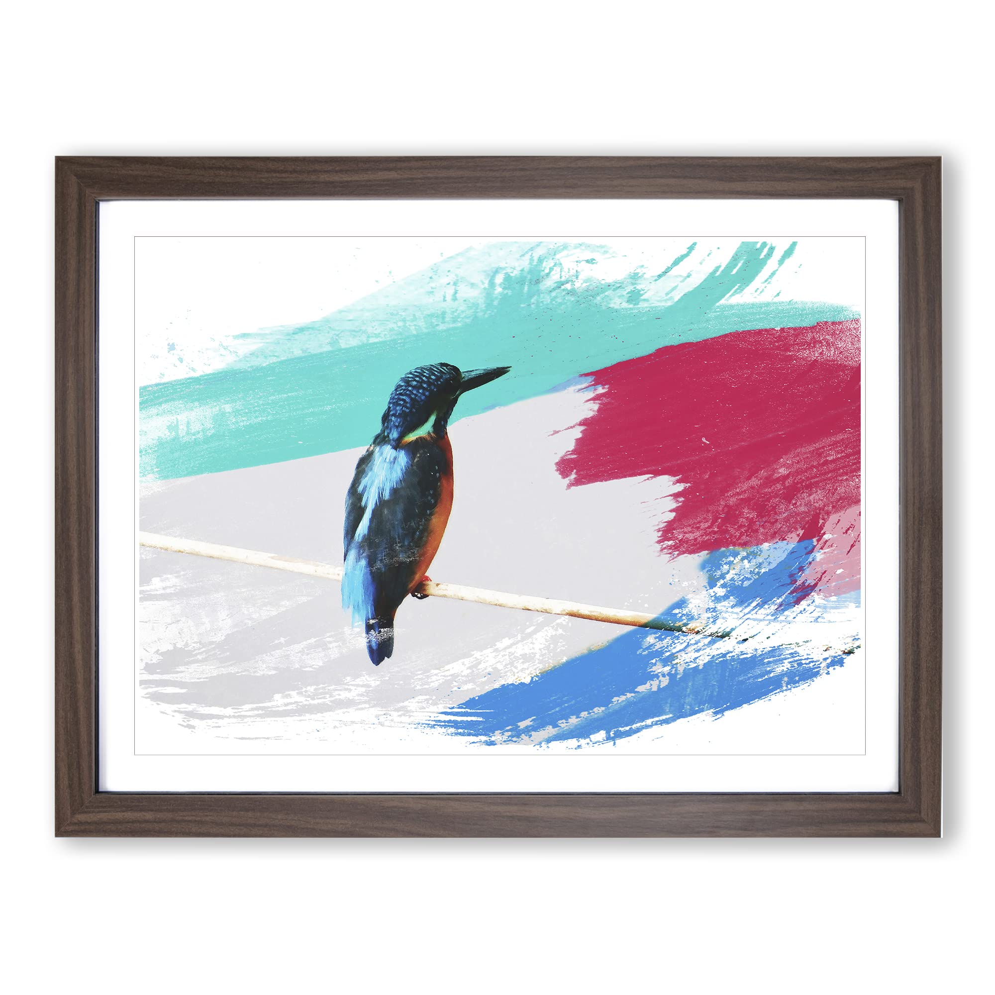 Kingfisher 2 V2 Modern Framed Wall Art Print, Ready to Hang Picture for Living Room Bedroom Home Office Décor, Walnut A4 (34 x 25 cm)