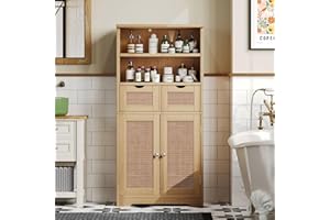 Irontar Rattan Bathroom Cabinet, Kitchen Pantry Cabinet with 2 Removable Drawers, Bathroom Storage Cabinet with 2 Rattan Decorated Doors and Adjustable Shelf, Large Display Cabinet, Natural CWG009M