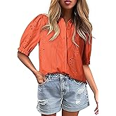 Dokotoo Women's Summer Tops Dressy Casual V Neck Short Sleeve Button Up Hollow Out Eyelet Lace Embroidered Blouses Shirts