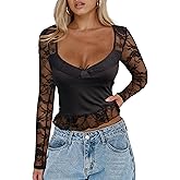 CSDAJIO Women's Sexy Going Out Tops for Women Sweetheart V Neck Long Sleeve Lace Top Low Cut Shirt