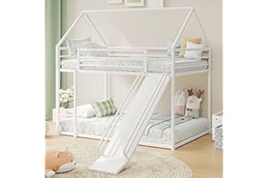 YIORTWO House Bunk Bed Twin-Over-Twin Low Metal Frame with Roof Fun Convertible Slide & Full Safety Guardrails Durable Toddler Bunk Bed with Montessori Floor Design,White