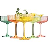 Khen Shatterproof Acrylic Ribbed Vintage Art Deco Martini, Champagne & Cocktail Bright Pastels Color Plastic Coupe Glasses | Set of 5 | 8 oz Ripple Classic Cocktail Indoor & Outdoor, European Style