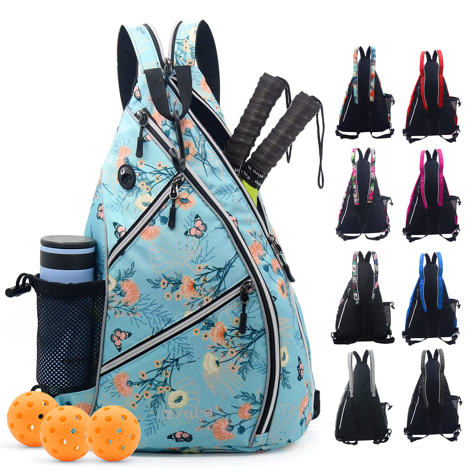 ZOEA Pickleball Bag, Sport Pickleball Sling Bag for Women Man, Adjustable Pickleball Backpack with Fence Hook Water Bottle Holder, Fits 4 Paddles and All Your Other Gear (Flower Blue)