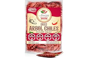 AMAZING CHILES & SPICES Chile De Arbol 4oz - Dried Whole Red Chili Peppers, Premium All Natural Stemless, Resealable Bag. Use in Mexican, Chinese and Thai Dishes. Spicy Hot Heat Full of Flavor