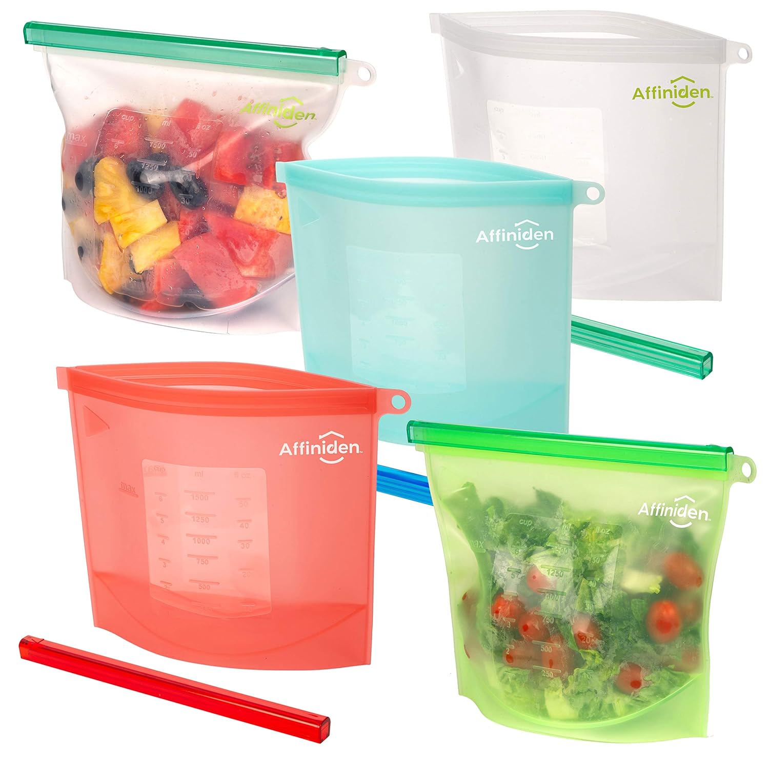 5 X Reusable Silicone Food Bags By Affiniden Large Size Storage Bag