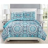 Fancy Linen 2pc Twin/Twin Extra Long Quilt Bedspread Set Over Size Bed Cover (Floral Turquoise Blue Gray Teal)