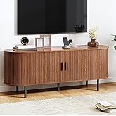 55" TV Stand with Power Outlet, Mid-Century Modern Television Stand, Fluted Media Console with Sliding Doors, Entertainment Center for TVs up to 60 Inch, Adjustable Shelves, Walnut