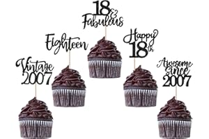 YCTHUNFISH 30 Pack Vintage 2007 Cupcake Toppers Glitter Happy 18th Eighteen Awesome Since 2007 Cupcake Picks 18 Fabulous Cake Decorations for 18th Birthday Wedding Anniversary Party Supplies Black
