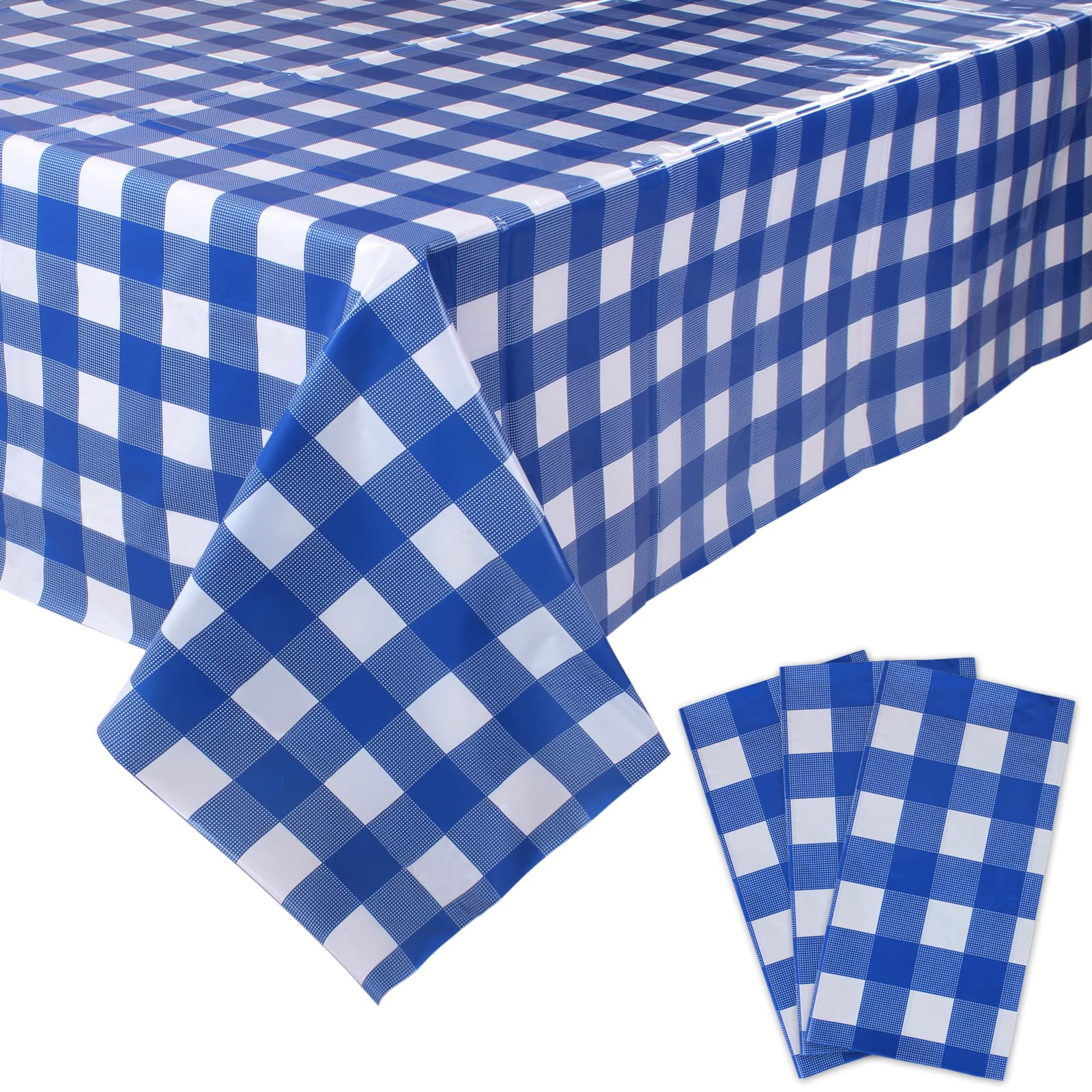 Photo 1 of Kesfey 3 Packs White and Blue Gingham Table Cloths 54 x 108 Inches Disposable Plastic Checkered Tablecloths Waterproof Rectangle Picnic Party Tablecovers for Birthday Party Dining Table Kitchens