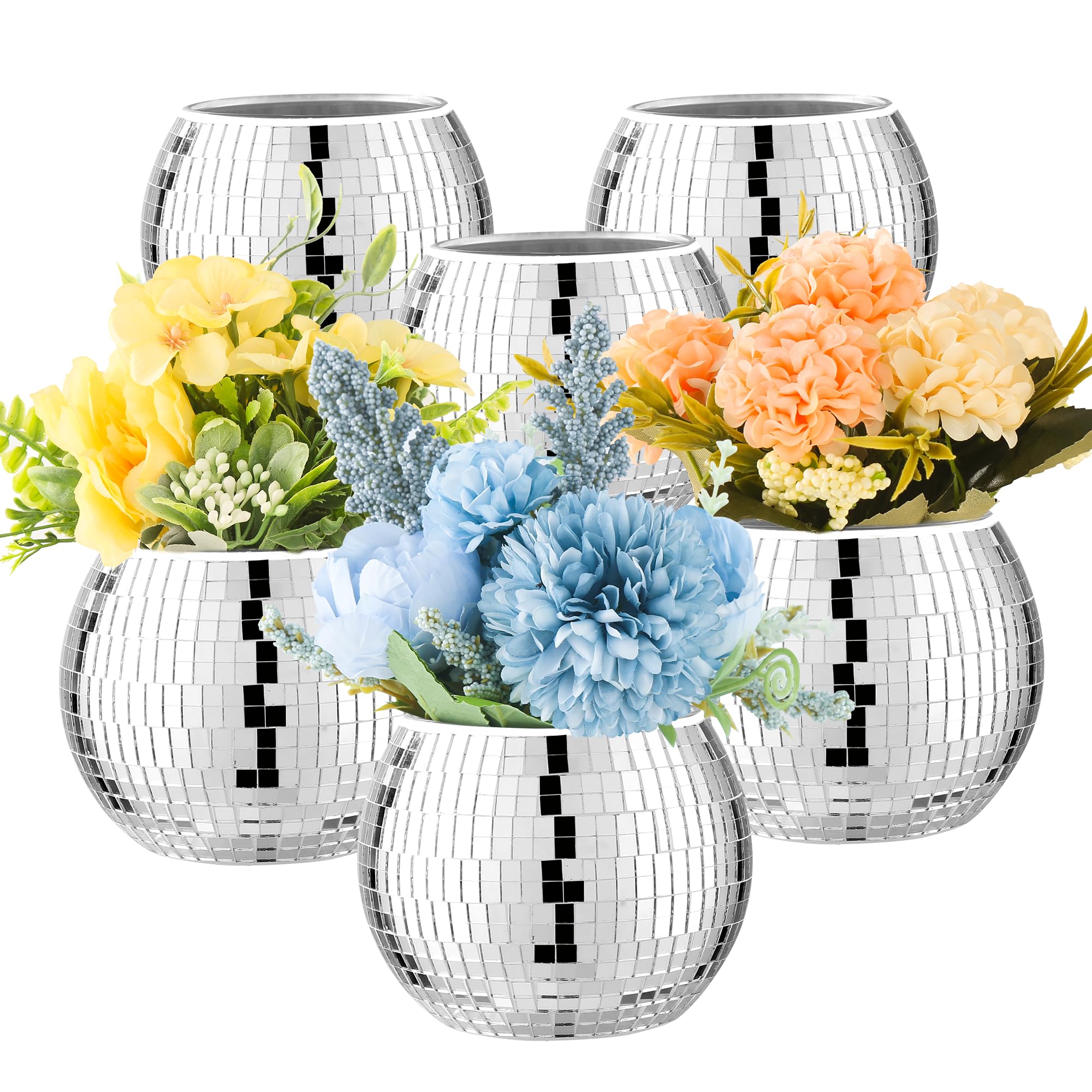 Photo 1 of 6 Pcs Disco Ball Vase Disco Ball Planter for Centerpieces Disco Ball Decor Flower Vase with Silver Mirror Glass for Wedding, Birthday, Party (3" X 4")