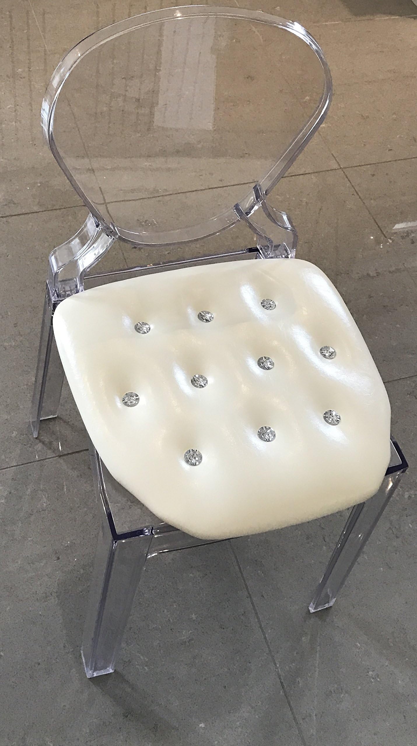 Clear Ghost Chair Transparent Dining Chair With White Faux Leather Diamante Chair Cover Pad Cushion