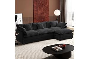 Ihanherry 111.4" L Shaped Modern Sofa Modular Sectional Cloud Couch with Ottoman, 4-Seat Chenille Deep Seat Sofa with Pillow for Living Room, Bedroom and Apartment, Black