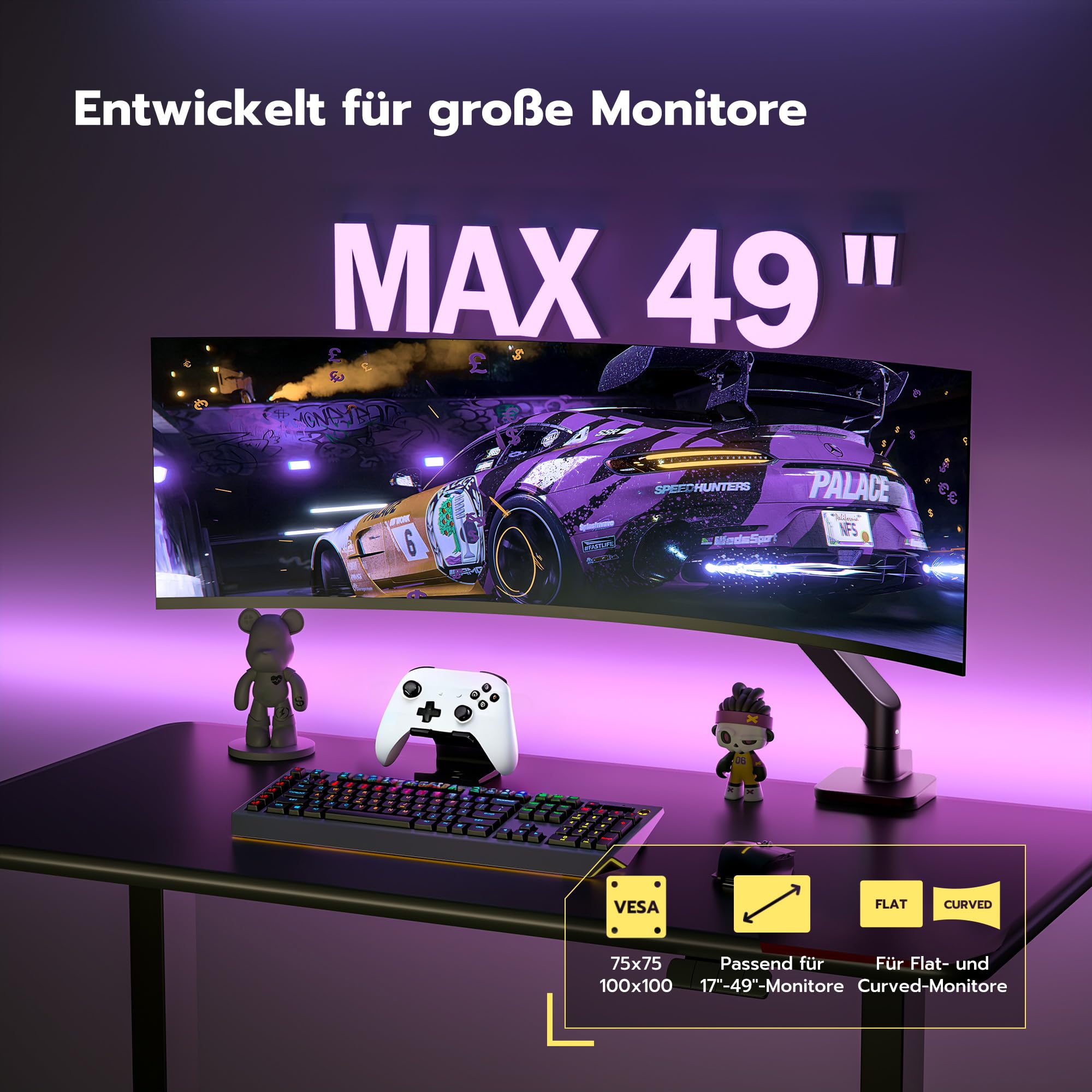 ARES WING Monitor Halterung für 17 bis 49 Zoll Bildschirme, Monitor Arm mit Gasfeder, Verstellbarer Monitorständer für 20Kg Computer Bildschirme, Monitorhalterung VESA 75/100 mm,Schwarz 4